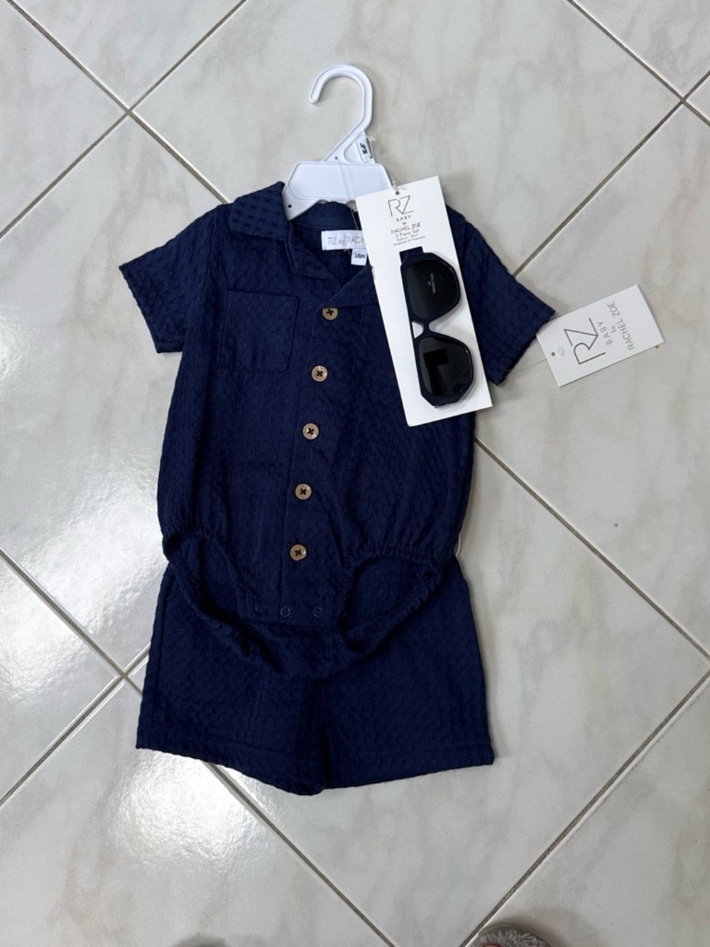 Rachel Zoe Navy Short-Sleeve Textured Romper with Buttons